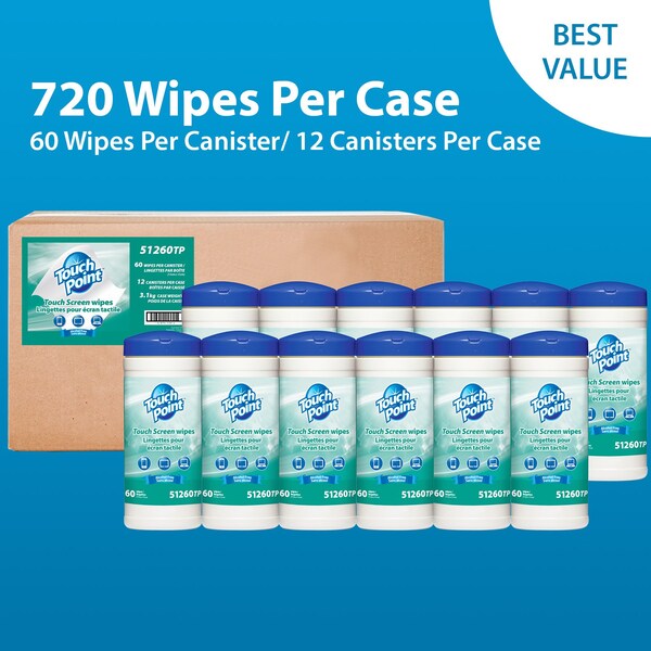 Touch Point Wipes TP Touch Screen Wipes - 12 Canisters x 60 Wipes, Anti-Static, Alcohol-Free, 6.7 in. x 6.7 in., 12PK - 51260TP-CS