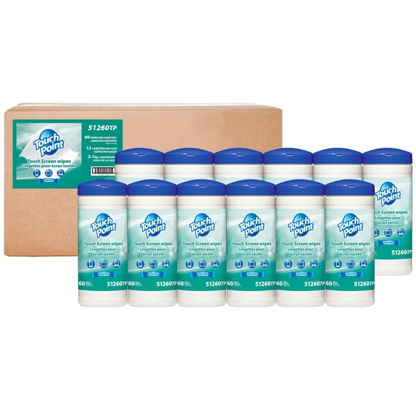 Touch Point Wipes TP Touch Screen Wipes - 12 Canisters x 60 Wipes, Anti-Static, Alcohol-Free, 6.7 in. x 6.7 in., 12PK - 51260TP-CS