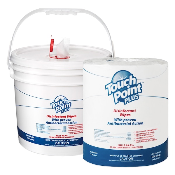 Touch Point Wipes TP Plus Disinfectant Wipes- 2 Rolls x 900 Wipes & Dispenser Bucket, 8 in.x6 in., EPA Reg. - WD900B