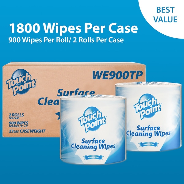 Touch Point Wipes TP Facility Cleaning Wipes- Alcohol-Free All-Purpose, 2 Rolls x 900 Wipes, 8in.x6in., 2PK - WE900TP-CS