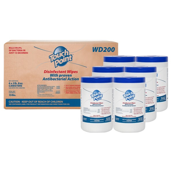 Touch Point Wipes TP Plus Disinfectant Wipes - 6 Canisters x 200 Wipes, 6.7 in.x6.7 in., EPA Registered, 6PK - WD200