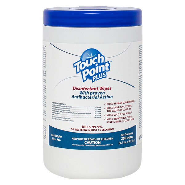 Touch Point Wipes TP Plus Disinfectant Wipes - 6 Canisters x 200 Wipes, 6.7 in.x6.7 in., EPA Registered, 6PK - WD200
