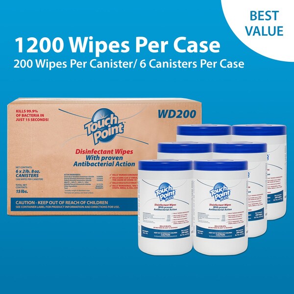 Touch Point Wipes TP Plus Disinfectant Wipes - 6 Canisters x 200 Wipes, 6.7 in.x6.7 in., EPA Registered, 6PK - WD200