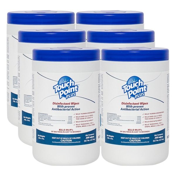 Touch Point Wipes TP Plus Disinfectant Wipes - 6 Canisters x 200 Wipes, 6.7 in.x6.7 in., EPA Registered, 6PK - WD200