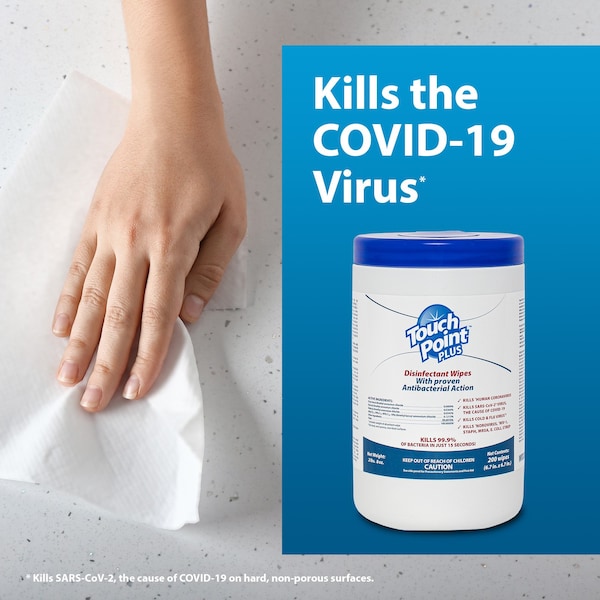 Touch Point Wipes TP Plus Disinfectant Wipes - 6 Canisters x 200 Wipes, 6.7 in.x6.7 in., EPA Registered, 6PK - WD200