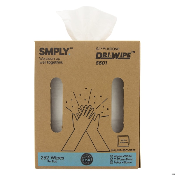 Smply Brands S600 Dri-Wipe by, Large Format Center-Pull Box, 252 Wipers per Box - S601-X252-X1