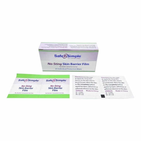 Safe N Simple No-Sting Skin Barrier Wipe 60%, 20% Strength Purified Water, Glycerin, Propylene Glycol Sterile, 25PK - SNS80725