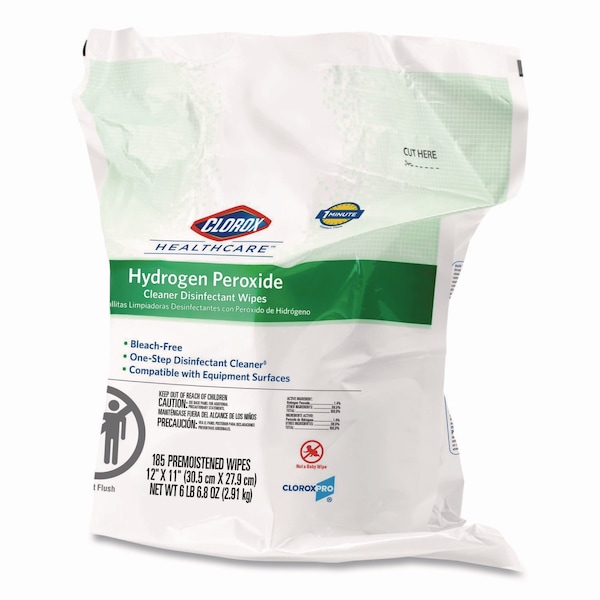 Clorox Hydrogen Peroxide Cleaner Disinfectant Wipes, 12 x 11, Unscented, White, 185 Wipes, 2PK - 30827