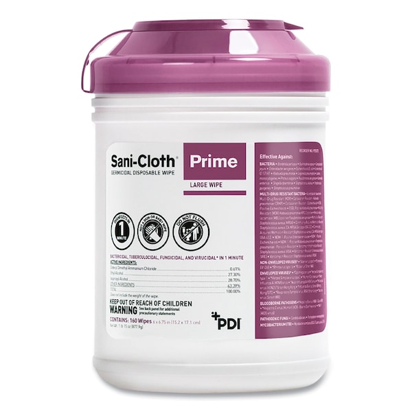 Sani Professional Sani-Cloth Prime Germicidal Disposable Wipes, Large, 1-Ply, 6x6.75, Unscented, White, 160/Can, 12PK - P25372