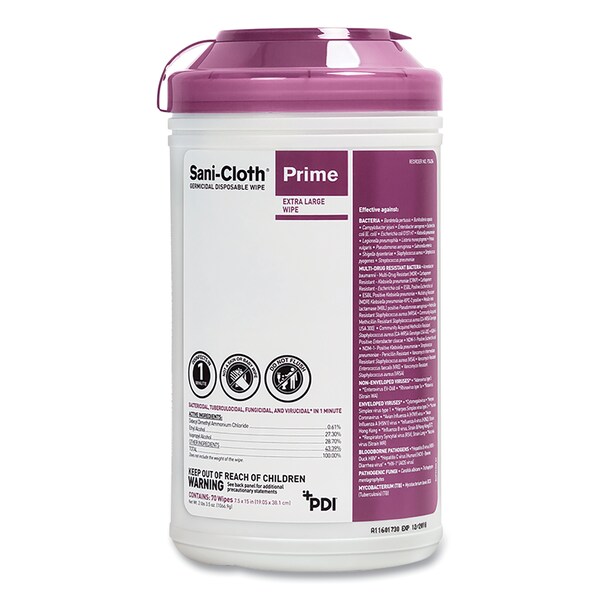 Sani Professional Sani-Cloth Prime Germicidal Disposable Wipes, XL, 1-Ply, 7.5 x 15, Unscented, White, 70/Can, 6PK - P24284