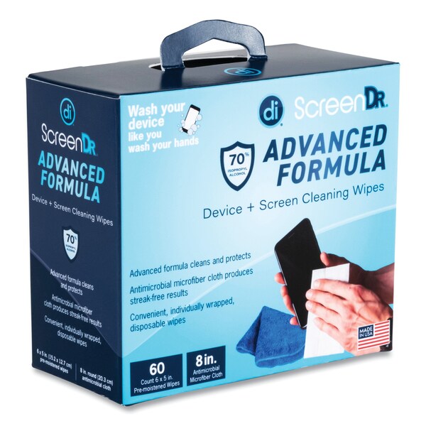 Digital Innovations ScreenDr Device and Screen Cleaning Wipes, With 60 Wrapped Wipes and 8 in. Microfiber Cloth, 6 x 5 - 32347