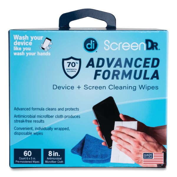 Digital Innovations ScreenDr Device and Screen Cleaning Wipes, With 60 Wrapped Wipes and 8 in. Microfiber Cloth, 6 x 5 - 32347