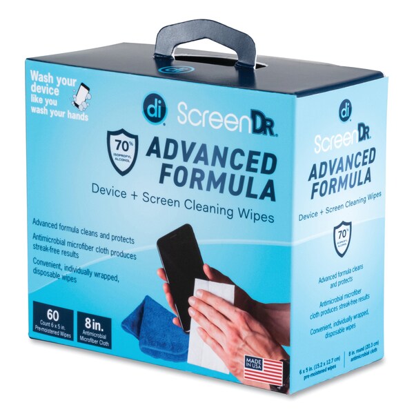 Digital Innovations ScreenDr Device and Screen Cleaning Wipes, With 60 Wrapped Wipes and 8 in. Microfiber Cloth, 6 x 5 - 32347