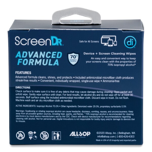 Digital Innovations ScreenDr Device and Screen Cleaning Wipes, With 60 Wrapped Wipes and 8 in. Microfiber Cloth, 6 x 5 - 32347