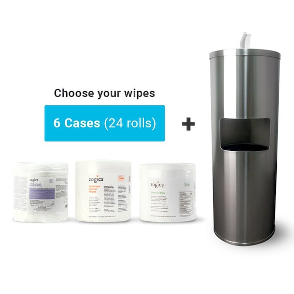 Zogics Floor Stand Wipe Dispenser and Wipes Bundle, Black Powder Coated Steel, Sanitizing Wipes, 24PK - Z650-B-Z2000-24