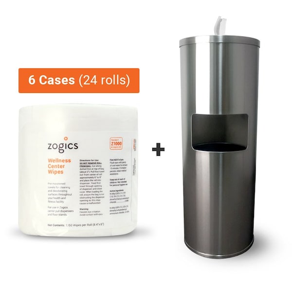 Zogics Floor Stand Wipe Dispenser and Wipes Bundle, Black Powder Coated Steel, Sanitizing Wipes, 24PK - Z650-B-Z2000-24
