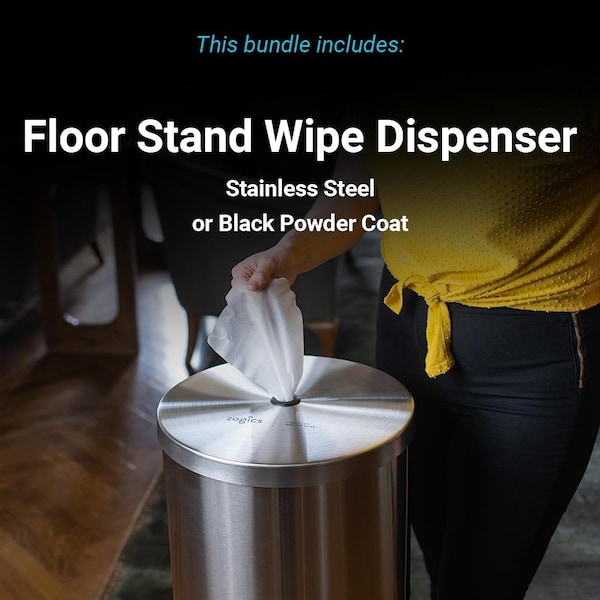 Zogics Floor Stand Wipe Dispenser and Wipes Bundle, Black Powder Coated Steel, Sanitizing Wipes, 24PK - Z650-B-Z2000-24