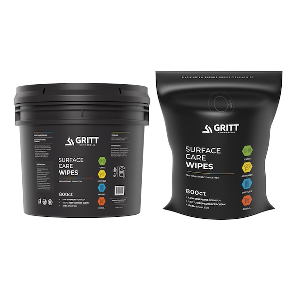 Gritt Commercial Surface Care Wipes, Professional All-Purpose Cleaner Wipes, 800 Count Refill Bag + Bucket Dispenser - GRI5-RW-1-B-NR