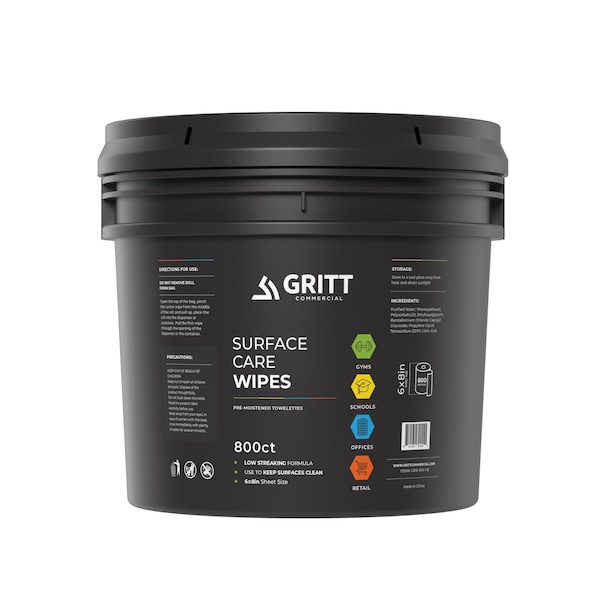 Gritt Commercial Surface Care Wipes, Professional All-Purpose Cleaner Wipes, 800 Count Refill Bag + Bucket Dispenser - GRI5-RW-1-B-NR
