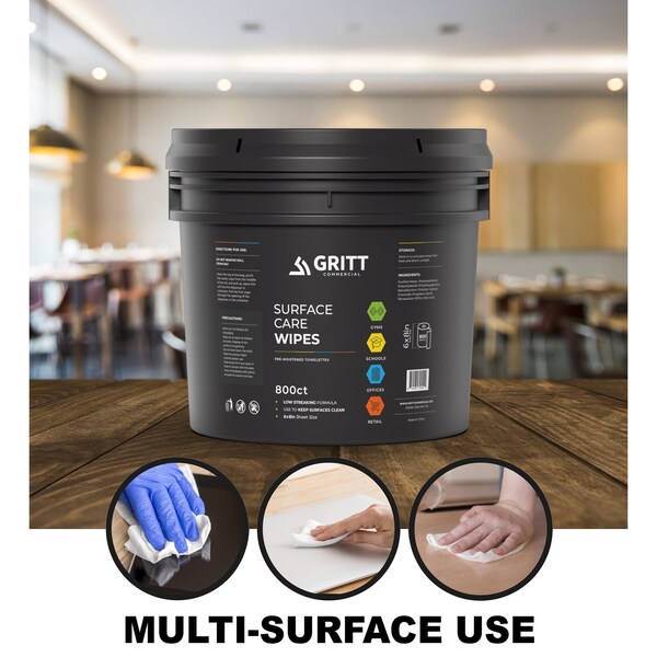 Gritt Commercial Surface Care Wipes, Professional All-Purpose Cleaner Wipes, 800 Count Refill Bag + Bucket Dispenser - GRI5-RW-1-B-NR