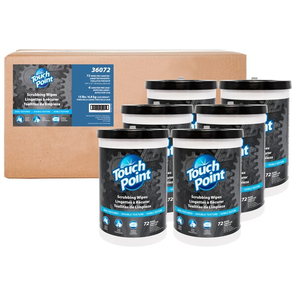 Touch Point Wipes TP Scrubbing Wipes, 6 Canisters x 72 wipes, 10in. x 12in. XL Size, HD Dual-Textured, 6PK - 36072