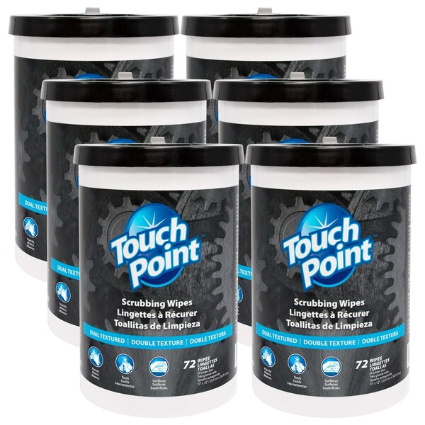 Touch Point Wipes TP Scrubbing Wipes, 6 Canisters x 72 wipes, 10in. x 12in. XL Size, HD Dual-Textured, 6PK - 36072