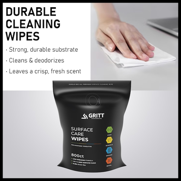 Gritt Commercial Surface Care Wipes, All-Purpose Cleaning Wipes - 4 x 800 Count Roll 3200 Commercial Wipes, 4PK - GRI5-RW-4-NR