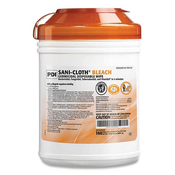 Sani Professional Sani-Cloth Bleach Germicidal Disposable Wipes, 1-Ply, 7.5 x 15, Unscented, White, 160/Canister, 12PK - P84172