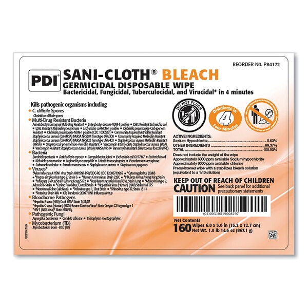 Sani Professional Sani-Cloth Bleach Germicidal Disposable Wipes, 1-Ply, 7.5 x 15, Unscented, White, 160/Canister, 12PK - P84172