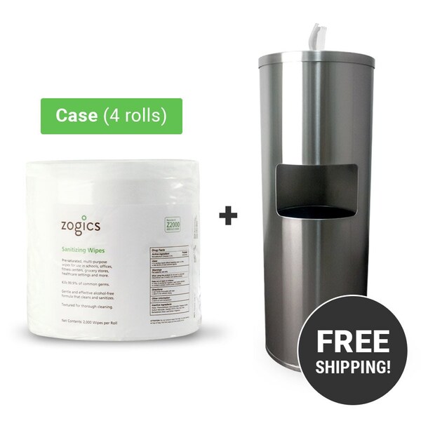 Zogics Sanitizing Wipes (4 rolls/case) + Wipes Floor Dispenser, White - Z650W-Z2000