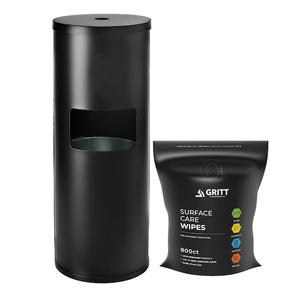 Gritt Commercial Wipe Starter Kit, Black Stainless Steel Wipe Dispenser + 800 Count Surface Care Wipes. - GRI509-BLK-RW-NR