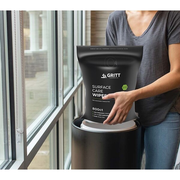 Gritt Commercial Wipe Starter Kit, Black Stainless Steel Wipe Dispenser + 800 Count Surface Care Wipes. - GRI509-BLK-RW-NR