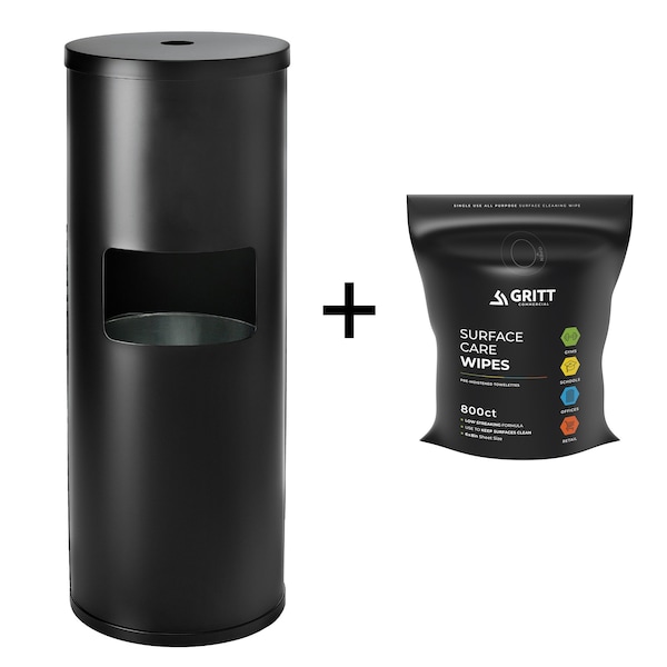Gritt Commercial Wipe Starter Kit, Black Stainless Steel Wipe Dispenser + 800 Count Surface Care Wipes. - GRI509-BLK-RW-NR