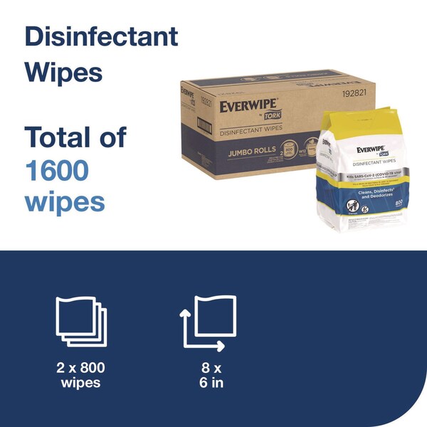 Tork Disinfectant Wipe Jumbo Rolls, 1-Ply, 8 x 6, Lemon, White, 800 Sheets, 2PK - 192821