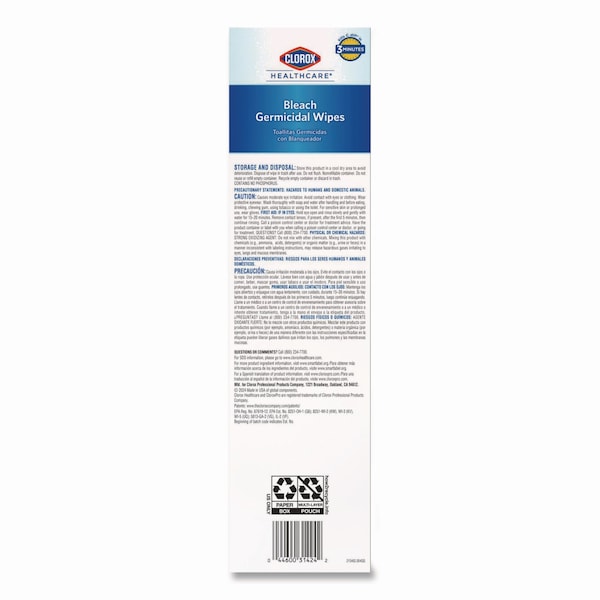Clorox Bleach Germicidal Wipes, 1-Ply, 6.75 x 9, Unscented, White, 50 Wipes, 6PK - 31424