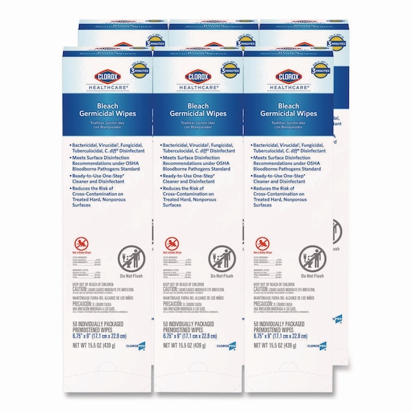Clorox Bleach Germicidal Wipes, 1-Ply, 6.75 x 9, Unscented, White, 50 Wipes, 6PK - 31424