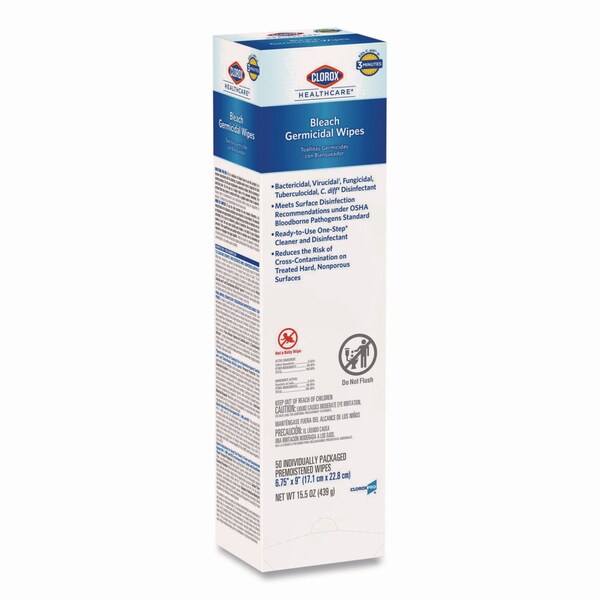 Clorox Bleach Germicidal Wipes, 1-Ply, 6.75 x 9, Unscented, White, 50 Wipes, 6PK - 31424
