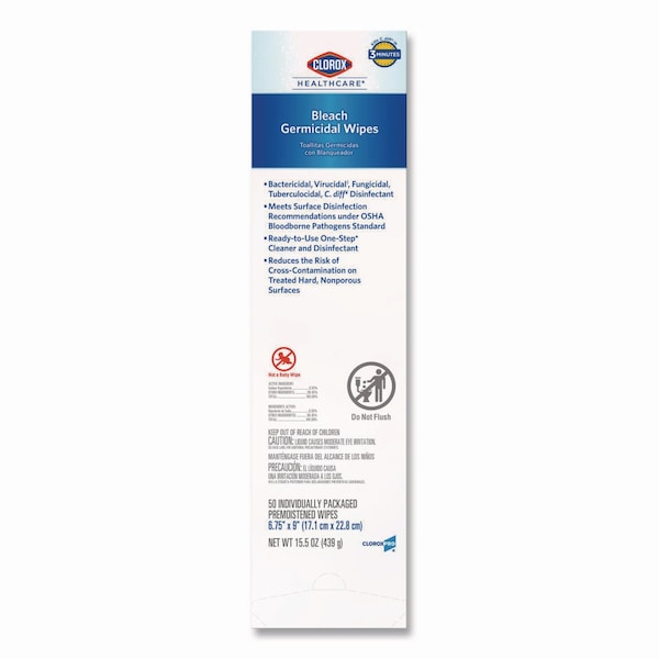 Clorox Bleach Germicidal Wipes, 1-Ply, 6.75 x 9, Unscented, White, 50 Wipes, 6PK - 31424