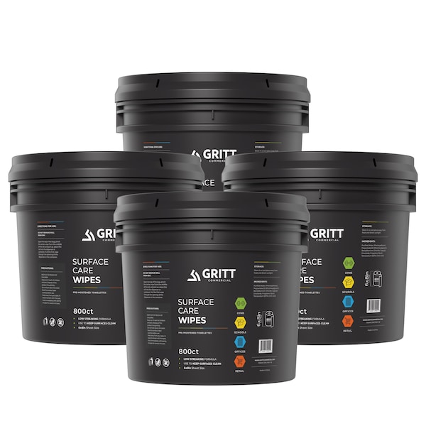 Gritt Commercial Surface Care Wipes, All-Purpose Cleaning Wipes - 4 x 800 Count Roll + Bucket, 3200 Wipes, 4PK - GRI5-RW-1-B-CS-NR