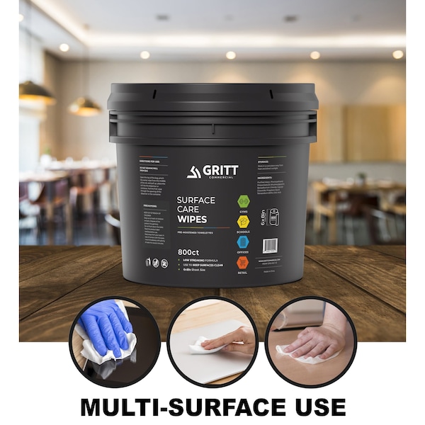 Gritt Commercial Surface Care Wipes, All-Purpose Cleaning Wipes - 4 x 800 Count Roll + Bucket, 3200 Wipes, 4PK - GRI5-RW-1-B-CS-NR
