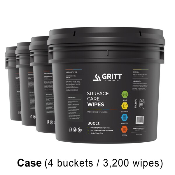 Gritt Commercial Surface Care Wipes, All-Purpose Cleaning Wipes - 4 x 800 Count Roll + Bucket, 3200 Wipes, 4PK - GRI5-RW-1-B-CS-NR