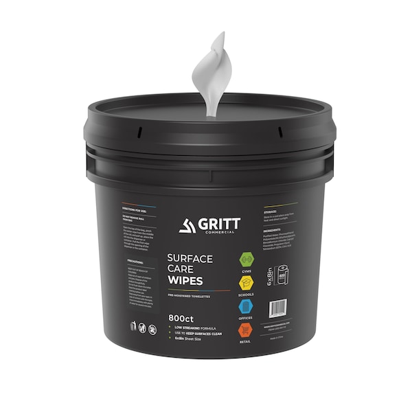 Gritt Commercial Surface Care Wipes, All-Purpose Cleaning Wipes - 4 x 800 Count Roll + Bucket, 3200 Wipes, 4PK - GRI5-RW-1-B-CS-NR