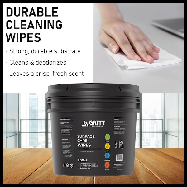 Gritt Commercial Surface Care Wipes, All-Purpose Cleaning Wipes - 4 x 800 Count Roll + Bucket, 3200 Wipes, 4PK - GRI5-RW-1-B-CS-NR