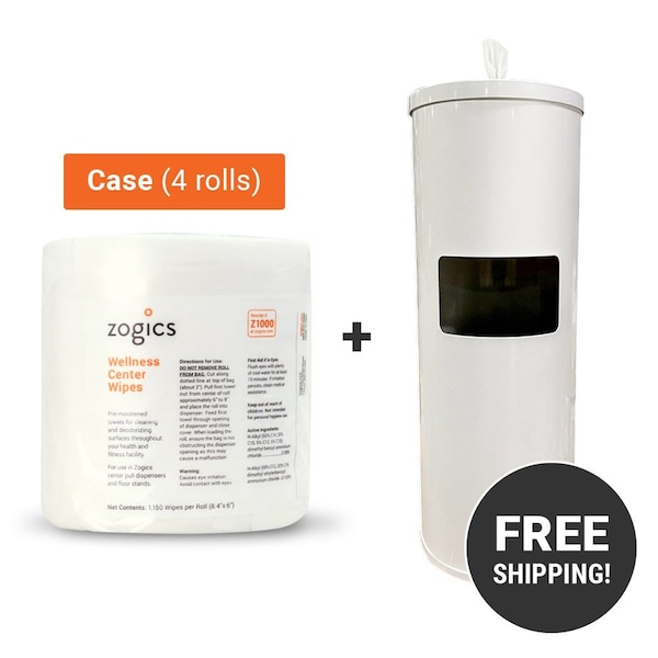 Zogics Sanitizing Wipes (4 rolls/case) + Wipes Floor Dispenser, Black - Z650B-Z2000