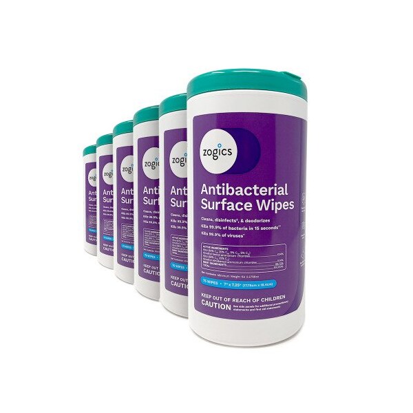 Zogics Antibacterial Disinfecting Wipes 75 Wipes/Canister, 6PK - ZDW75-6