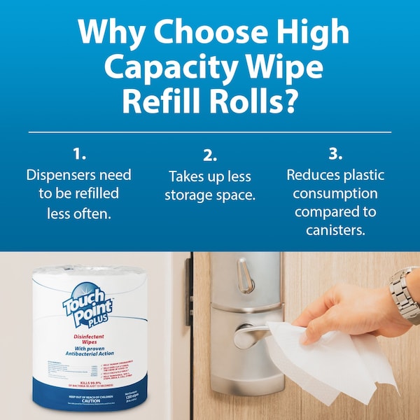Touch Point Wipes TP Plus Disinfectant Wipes Roll - 2 Rolls x 2400 Wipes, 8 in.x6 in., EPA Registered, 2PK - WD1200