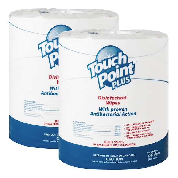 Touch Point Wipes TP Plus Disinfectant Wipes Roll - 2 Rolls x 2400 Wipes, 8 in.x6 in., EPA Registered, 2PK - WD1200