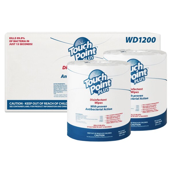 Touch Point Wipes TP Plus Disinfectant Wipes Roll - 2 Rolls x 2400 Wipes, 8 in.x6 in., EPA Registered, 2PK - WD1200
