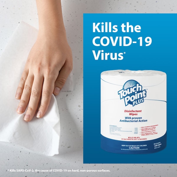 Touch Point Wipes TP Plus Disinfectant Wipes Roll - 2 Rolls x 2400 Wipes, 8 in.x6 in., EPA Registered, 2PK - WD1200