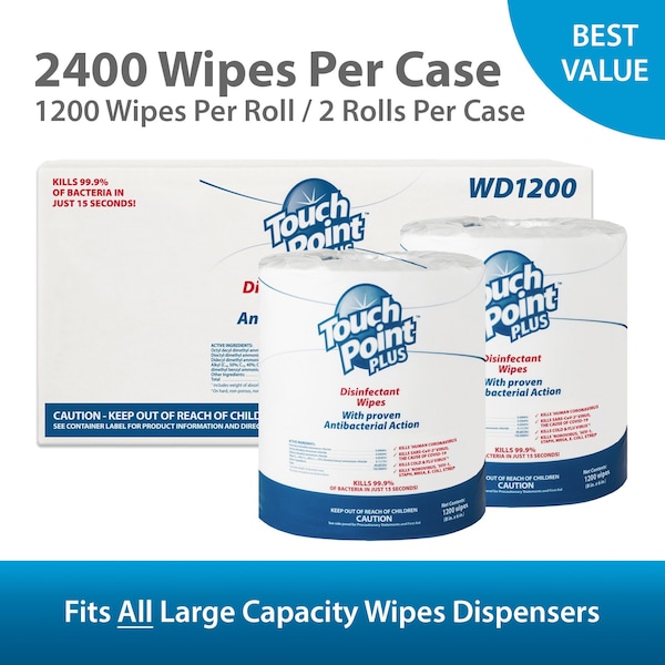 Touch Point Wipes TP Plus Disinfectant Wipes Roll - 2 Rolls x 2400 Wipes, 8 in.x6 in., EPA Registered, 2PK - WD1200